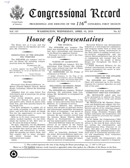 Congressional Record United States Th of America PROCEEDINGS and DEBATES of the 116 CONGRESS, FIRST SESSION