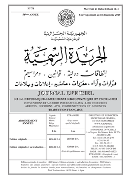 JOURNAL OFFICIEL DE LA REPUBLIQUE ALGERIENNE N° 78 21 Rabie Ethani 1441 18 Décembre 2019