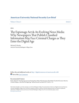 The Espionage Act & an Evolving News Media: Why Newspapers