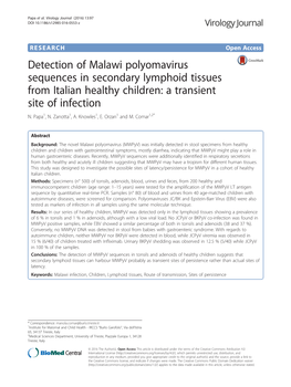 Detection of Malawi Polyomavirus Sequences in Secondary Lymphoid Tissues from Italian Healthy Children: a Transient Site of Infection N