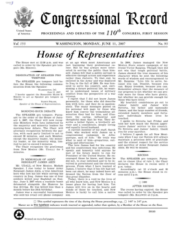 Congressional Record United States Th of America PROCEEDINGS and DEBATES of the 110 CONGRESS, FIRST SESSION