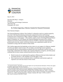 Petition Supporting a Fiduciary Standard for Financial Professionals the Financial Planning Coalition