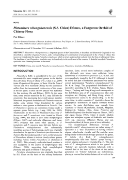 Platanthera Whangshanensis (S.S. Chien) Efimov, a Forgotten Orchid of Chinese Flora