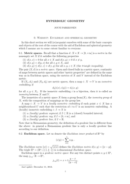 HYPERBOLIC GEOMETRY 0. Warmup: Euclidean and Spherical