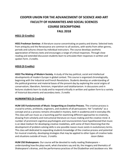 COOPER UNION for the ADVANCEMENT of SCIENCE and ART FACULTY of HUMANITIES and SOCIAL SCIENCES COURSE DESCRIPTIONS FALL 2018 HSS1 (3 Credits)