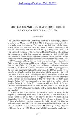 Profession and Death at Christ Church Priory, Canterbury, 1207-1534