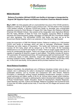 Reliance Foundation 400-Bed COVID Care Facility at Jamnagar E-Inaugurated by Gujarat CM Vijaybhai Rupani and Reliance Industries Chairman Mukesh Ambani
