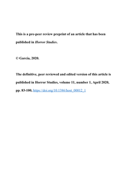 This Is a Pre-Peer Review Preprint of an Article That Has Been Published in Horror Studies. © García, 2020. the Definitive, Pe