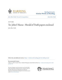 To: John F. Reese - Herald of Truth Papers Enclosed John Allen Chalk
