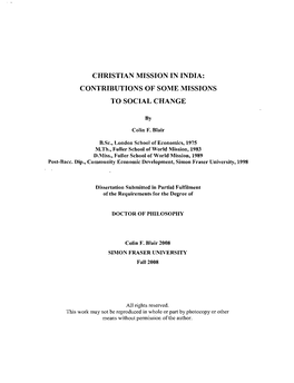 Christian Mission in India: Contributions of Some Missions to Social Change