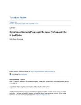 Remarks on Women's Progress in the Legal Profession in the United States