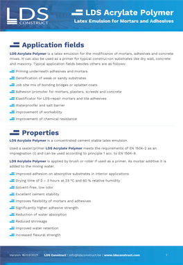 LDS Acrylate Polymer Latex Emulsion for Mortars and Adhesives