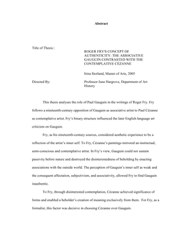 Roger Fry's Concept of Authenticity: the Associative Gauguin Contrasted with the Contemplative Cézanne