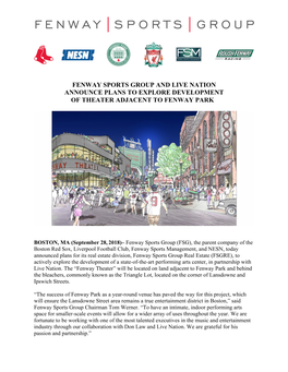 Fenway Sports Group and Live Nation Announce Plans to Explore Development of Theater Adjacent to Fenway Park