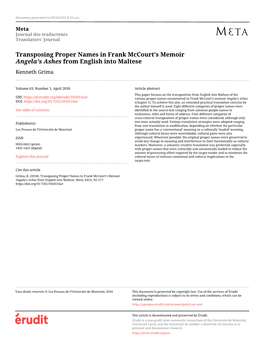Transposing Proper Names in Frank Mccourt's Memoir Angela's Ashes