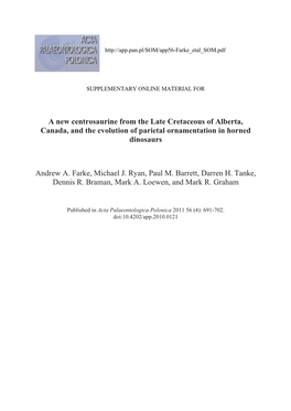 A New Centrosaurine from the Late Cretaceous of Alberta, Canada, and the Evolution of Parietal Ornamentation in Horned Dinosaurs