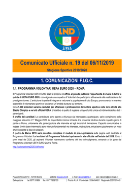 Comunicato Ufficiale N. 19 Del 06/11/2019