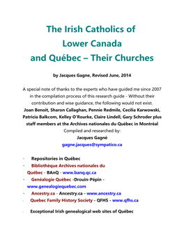 The Irish Catholics of Lower Canada and Québec – Their Churches