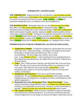 EMPIRICISM V. RATIONALISM the EMPIRICISTS: Empiricists Share the View That There Is No Such Thing As Innate Knowledge, and That