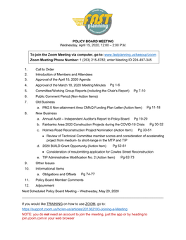 POLICY BOARD MEETING Wednesday, April 15, 2020, 12:00 – 2:00 P.M