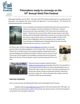 Filmmakers Ready to Converge on the 15Th Annual Gimli Film Festival