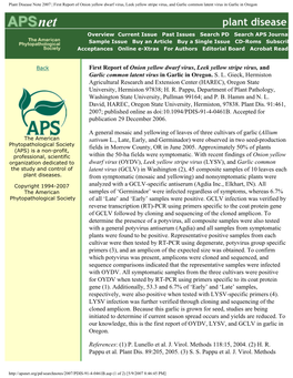 First Report of Onion Yellow Dwarf Virus, Leek Yellow Stripe Virus, and Garlic Common Latent Virus in Garlic in Oregon