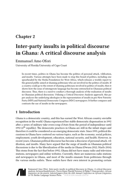 Chapter 2 Inter-Party Insults in Political Discourse in Ghana: a Critical Discourse Analysis Emmanuel Amo Ofori University of Florida/University of Cape Coast