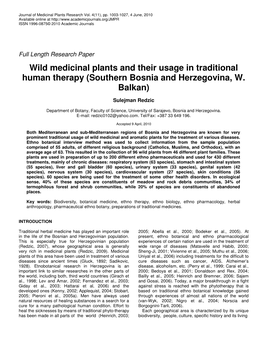 Wild Medicinal Plants and Their Usage in Traditional Human Therapy (Southern Bosnia and Herzegovina, W