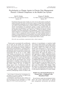 Psychologists As Change Agents in Chronic Pain Management Practice: Cultural Competence in the Health Care System