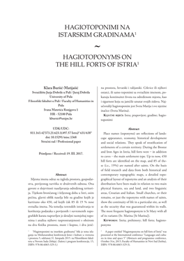 Hagiotoponimi Na Istarskim Gradinama1 Hagiotoponyms on the Hill Forts of Istria1