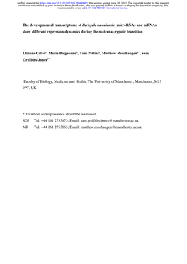 The Developmental Transcriptome of Parhyale Hawaiensis: Micrornas and Mrnas Show Different Expression Dynamics During the Maternal-Zygotic Transition