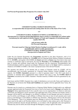 Citi Warrant Programme Base Prospectus (No.1) Dated 1 July 2013