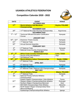 UGANDA ATHLETICS FEDERATION Competition Calendar 2020