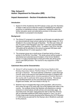 Impact Assessment – Section 9 Academies Act Duty