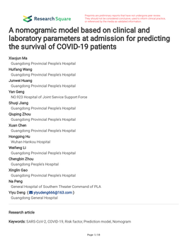 A Nomogramic Model Based on Clinical and Laboratory Parameters at Admission for Predicting the Survival of COVID-19 Patients