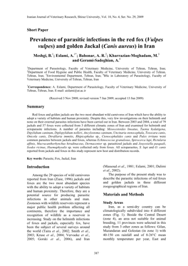 Prevalence of Parasitic Infections in the Red Fox (Vulpes Vulpes) and Golden Jackal (Canis Aureus) in Iran