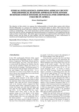 Ethical Intelligence: Espousing African Ubuntu Philosophical Business Approach with Jewish Business Ethics Systems As Panacea for Corporate Failure in Africa