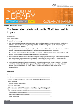 The Immigration Debate in Australia: World War I and Its Impact