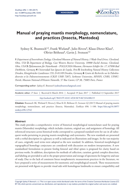 Manual of Praying Mantis Morphology, Nomenclature, and Practices (Insecta, Mantodea)