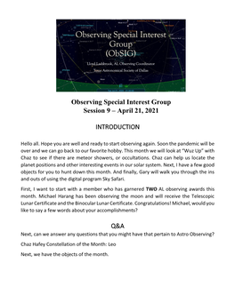 Observing Special Interest Group Session 9 – April 21, 2021