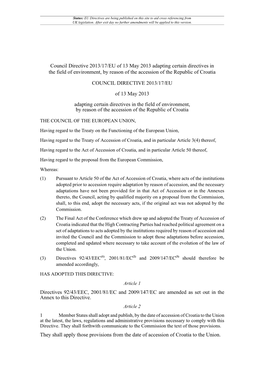 Council Directive 2013/17/EU of 13 May 2013 Adapting Certain Directives in the Field of Environment, by Reason of the Accession of the Republic of Croatia