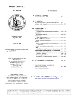 North Carolina Register Is Published Semi-Monthly for $195 Per Year by the Office of Administrative Hearings, 424 North Blount Street, Raleigh, NC 27601