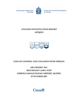 Aviation Investigation Report A07q0213 Loss of Control