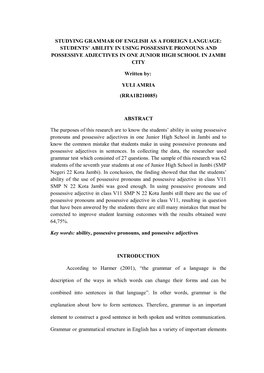 Studying Grammar of English As a Foreign Language: Students' Ability in Using Possessive Pronouns and Possessive Adjectives In