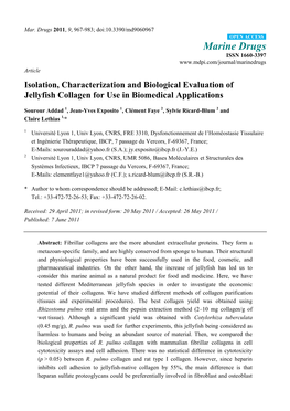 Isolation, Characterization and Biological Evaluation of Jellyfish Collagen for Use in Biomedical Applications