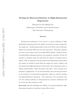 Arxiv:1510.00097V3 [Stat.ME] 13 Oct 2017 and High-Dimensional Regressions