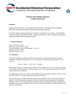 Product Stewardship Summary Sodium Hydroxide