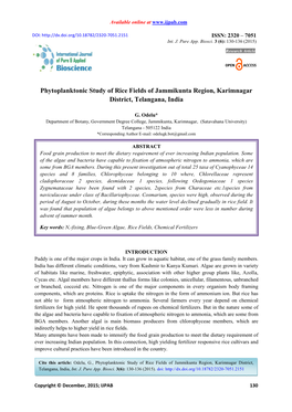 Phytoplanktonic Study of Rice Fields of Jammikunta Region, Karimnagar District, Telangana, India