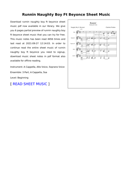 Runnin Naughty Boy Ft Beyonce Sheet Music