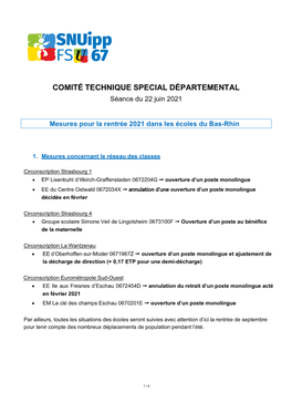 COMITÉ TECHNIQUE SPECIAL DÉPARTEMENTAL Séance Du 22 Juin 2021